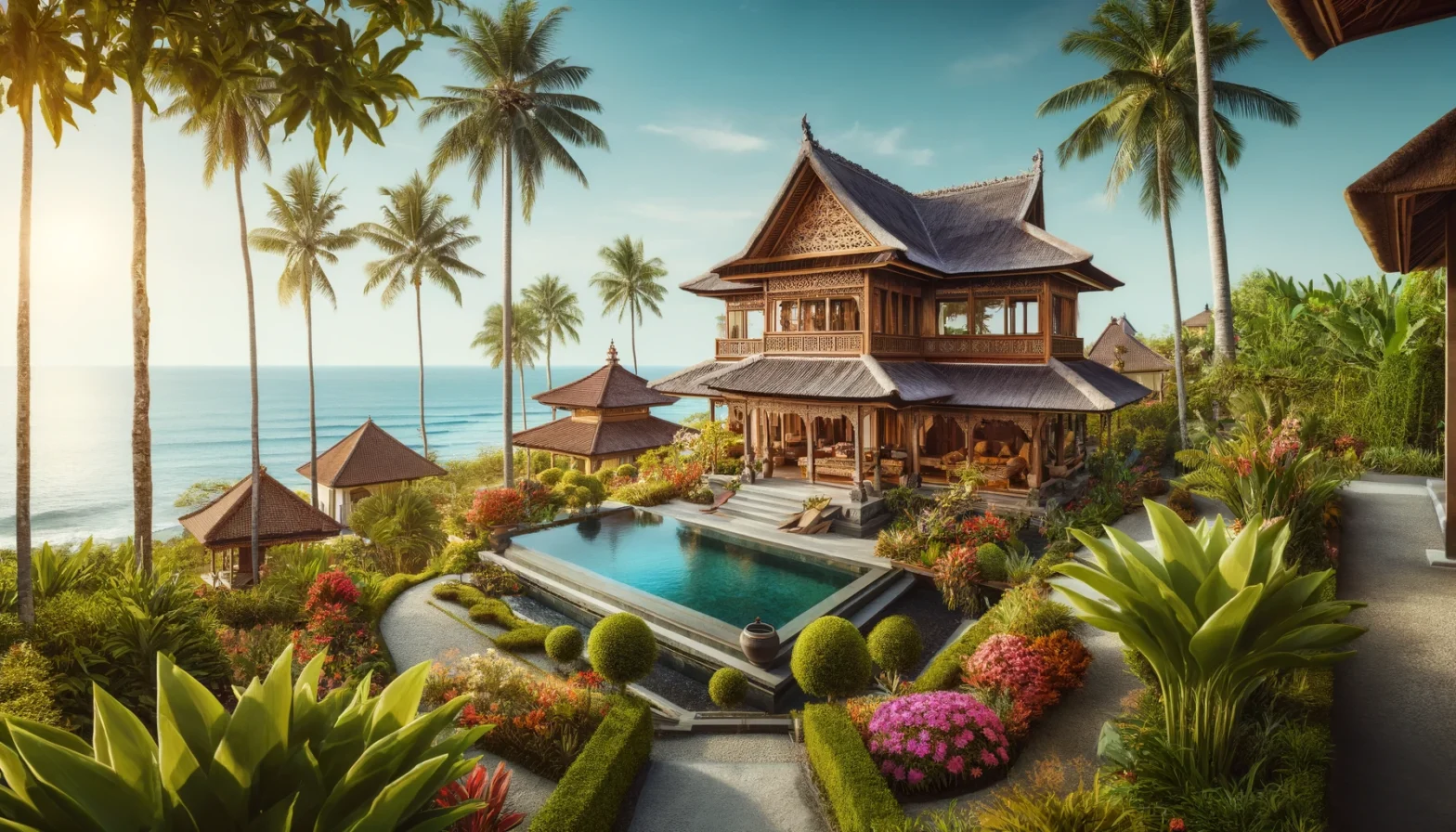 A panoramic view of a traditional Balinese villa overlooking the ocean.